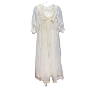 Vintage Ivory Lace Peignoir Set Bridal Nightgown and Sheer Robe Pearl Detail